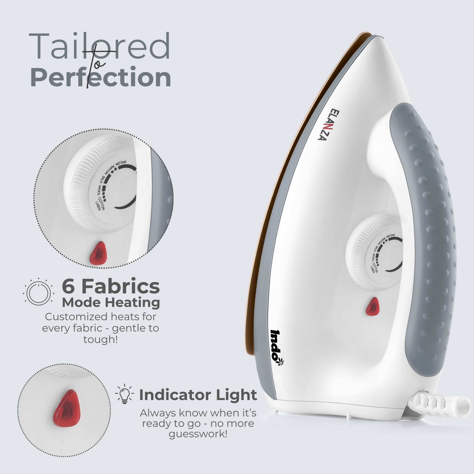Indo 1000 Watts Dry Iron ELANZA with advance Non-stick PTFE Coated soleplate | Indicator Light | 1.5 Meter Cord | Temperature Control | 180° Swivel cord | 2 years replacement warranty (White & Grey)
