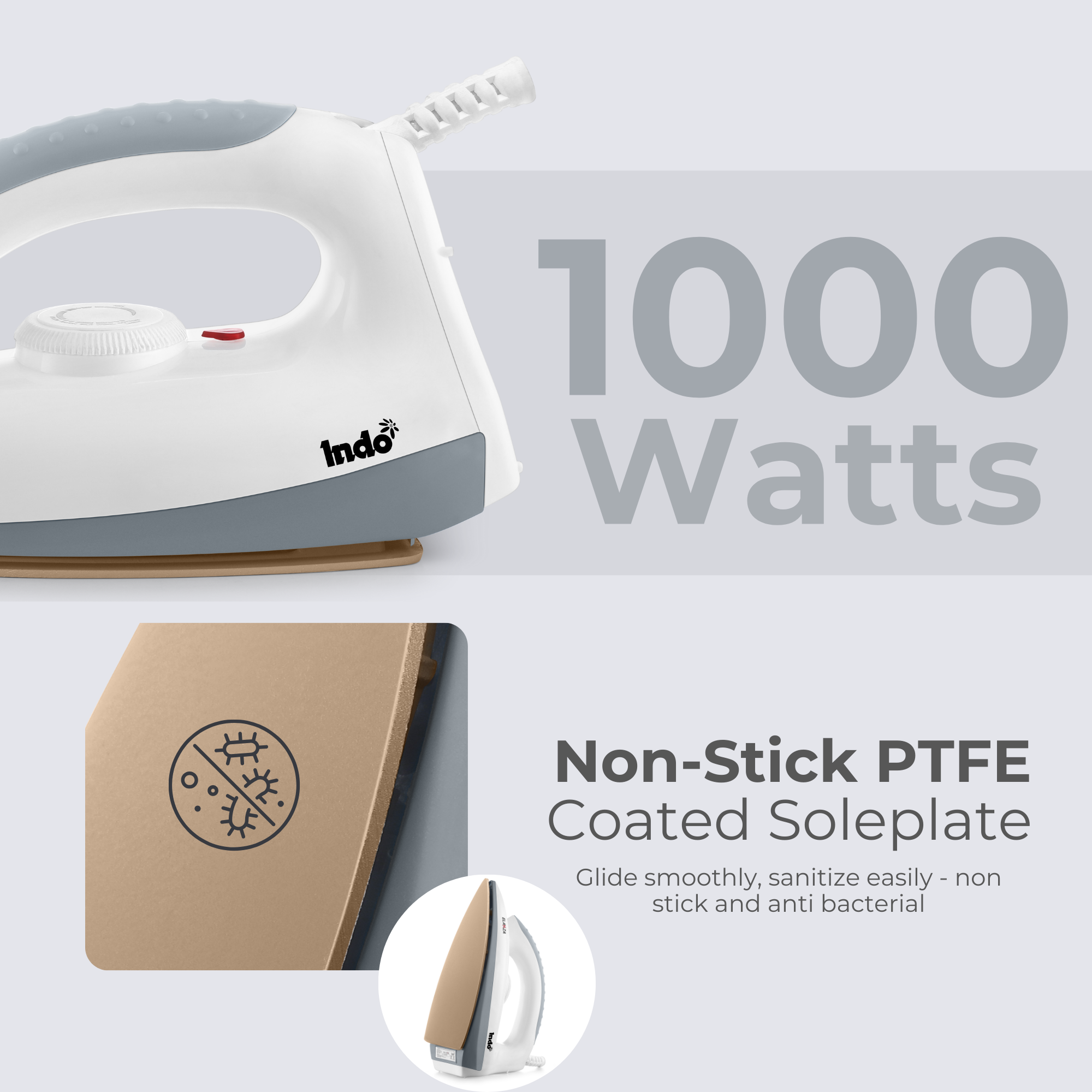 Indo 1000 Watts Dry Iron ELANZA with advance Non-stick PTFE Coated soleplate | Indicator Light | 1.5 Meter Cord | Temperature Control | 180° Swivel cord | 2 years replacement warranty (White & Grey)