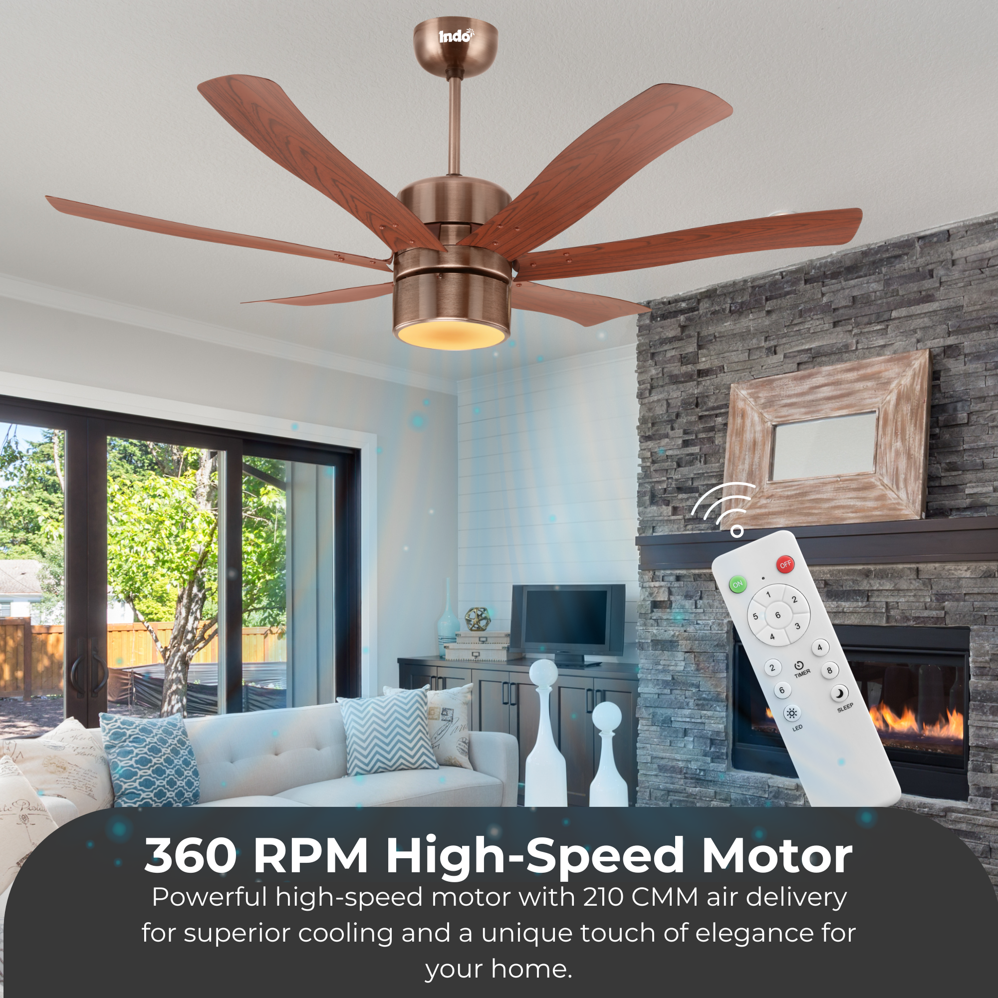 Indo Emperor EP-06 Fancy Ceiling Fan | Fancy 5 Star Ceiling Fan With Remote Control and Light (Wooden Finish) (1200mm,48 inch)