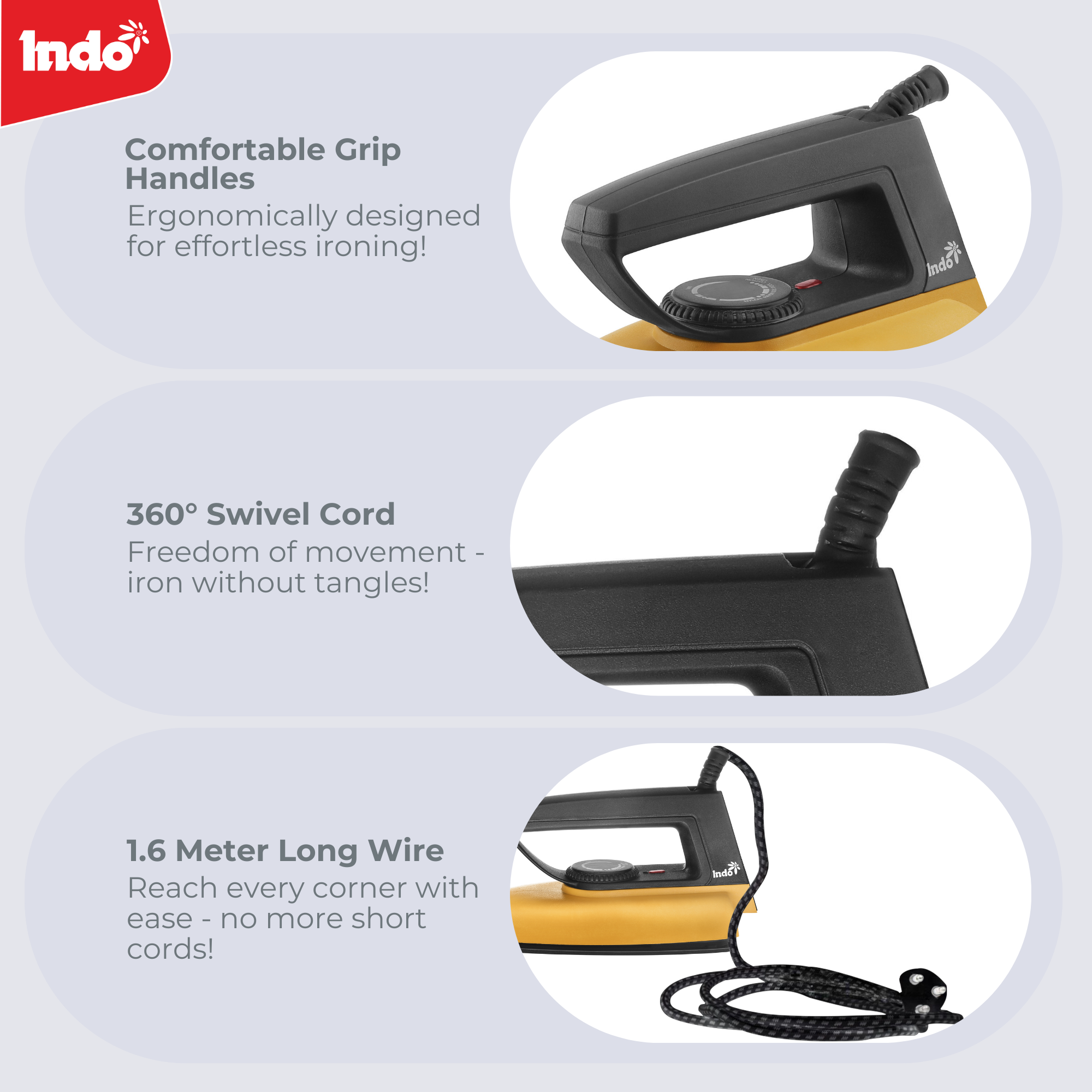 Indo 1000 Watts Dry Iron CRISIP with advance Non-stick PTFE Coated soleplate | Indicator Light | 1.5 Meter Cord | Temperature Control | 180° Swivel cord | 2 years replacement warranty (Yellow)