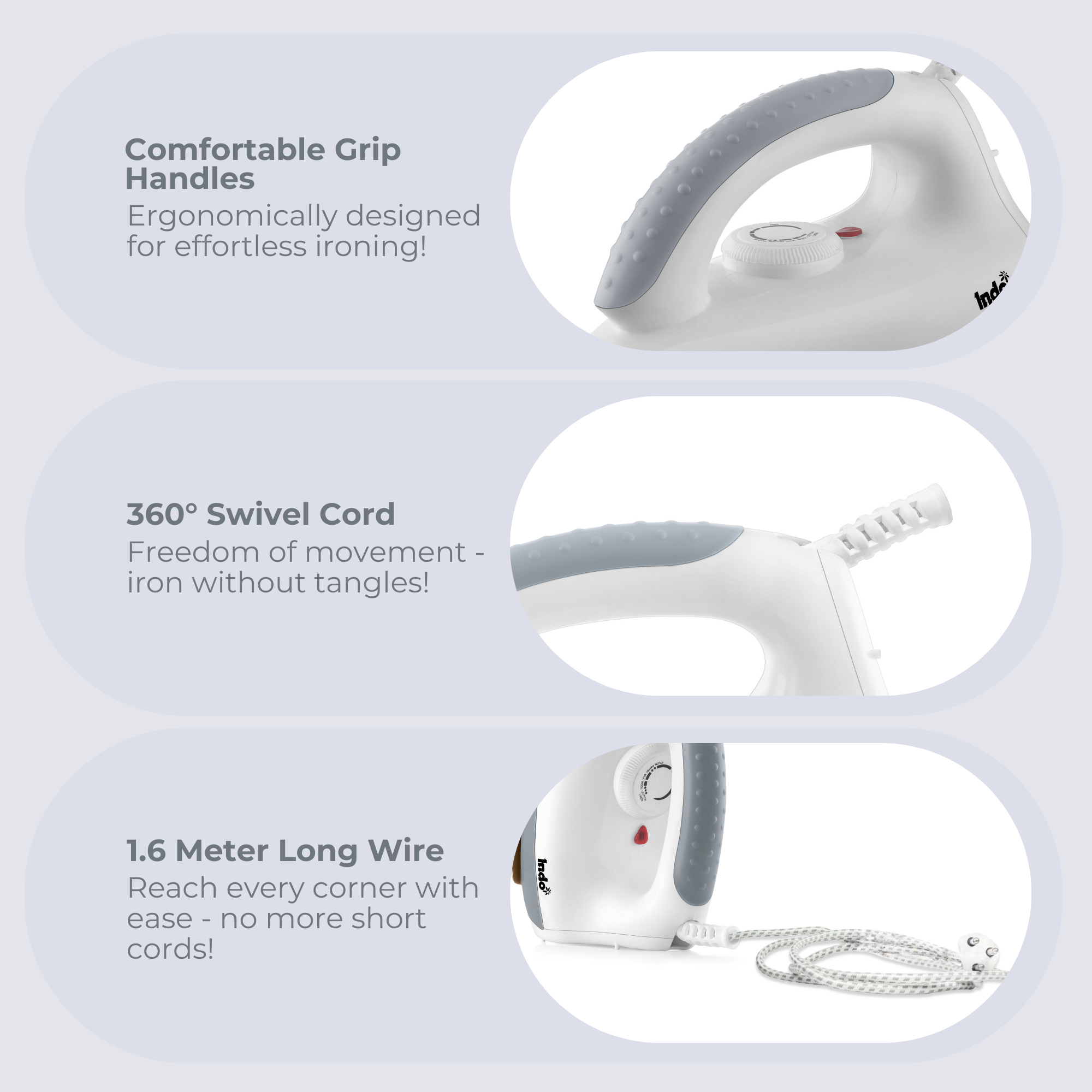 Indo 1000 Watts Dry Iron ELANZA with advance Non-stick PTFE Coated soleplate | Indicator Light | 1.5 Meter Cord | Temperature Control | 180° Swivel cord | 2 years replacement warranty (White & Grey)