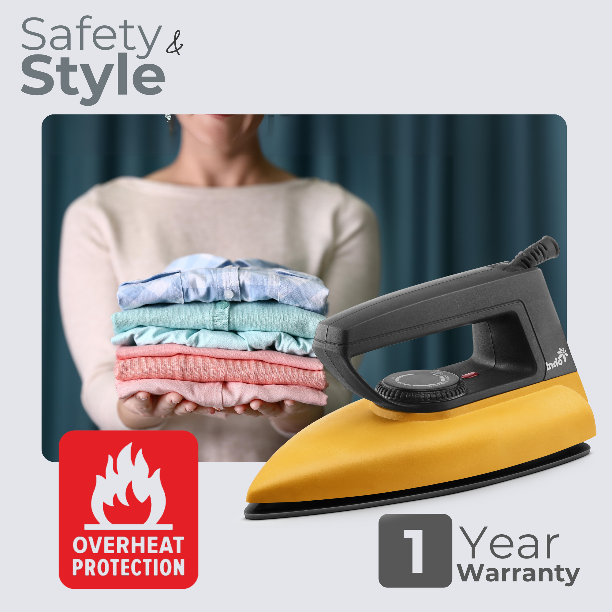 Indo 1000 Watts Dry Iron CRISIP with advance Non-stick PTFE Coated soleplate | Indicator Light | 1.5 Meter Cord | Temperature Control | 180° Swivel cord | 2 years replacement warranty (Yellow)