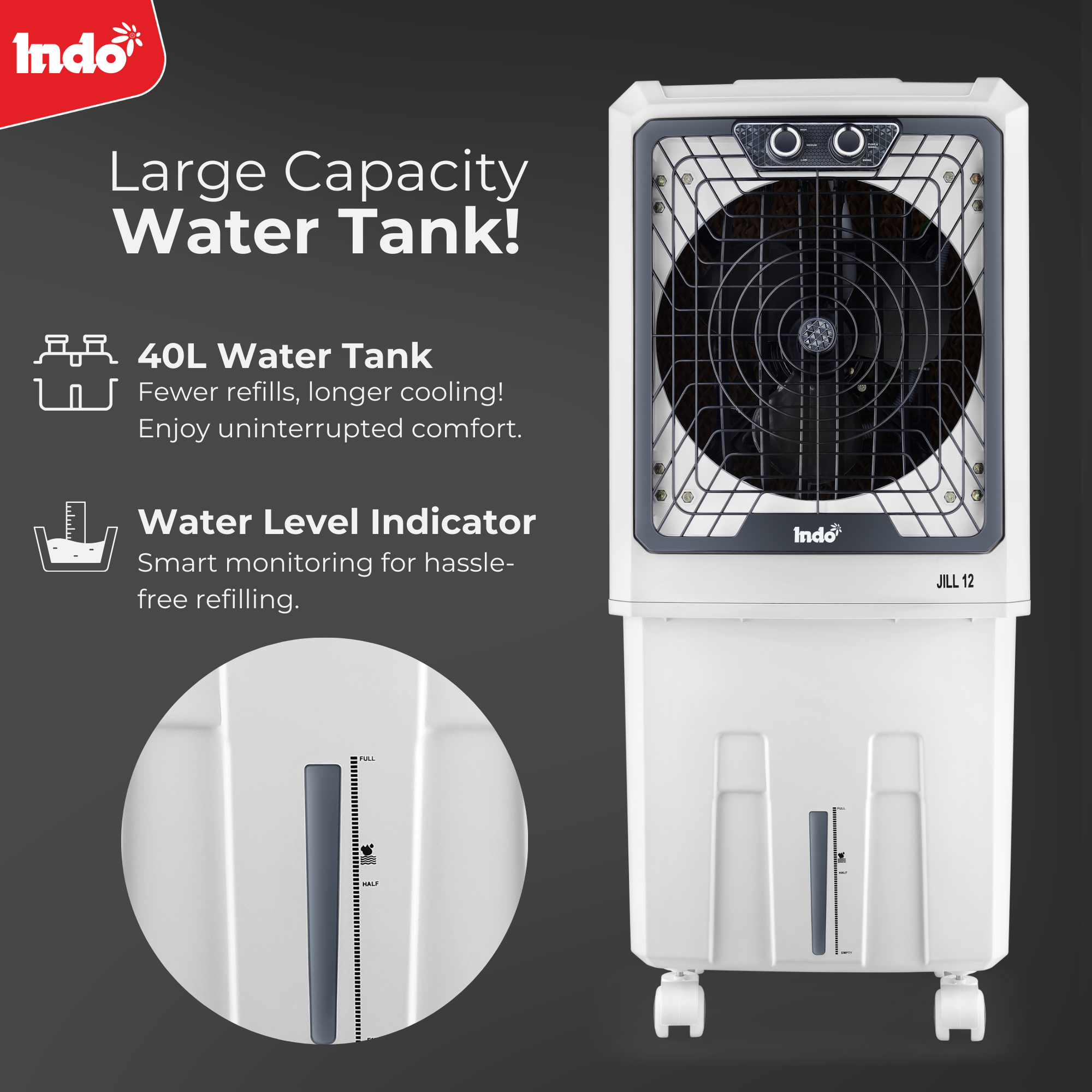 Indo 40L Air Cooler for Room, High-Speed Air Cooler 2250 RPM, Honeycomb Cooling Pads, Energy-Efficient 120W, Inverter-Compatible, Large Water Tank with Water Level Indicator | 1-Year Warranty