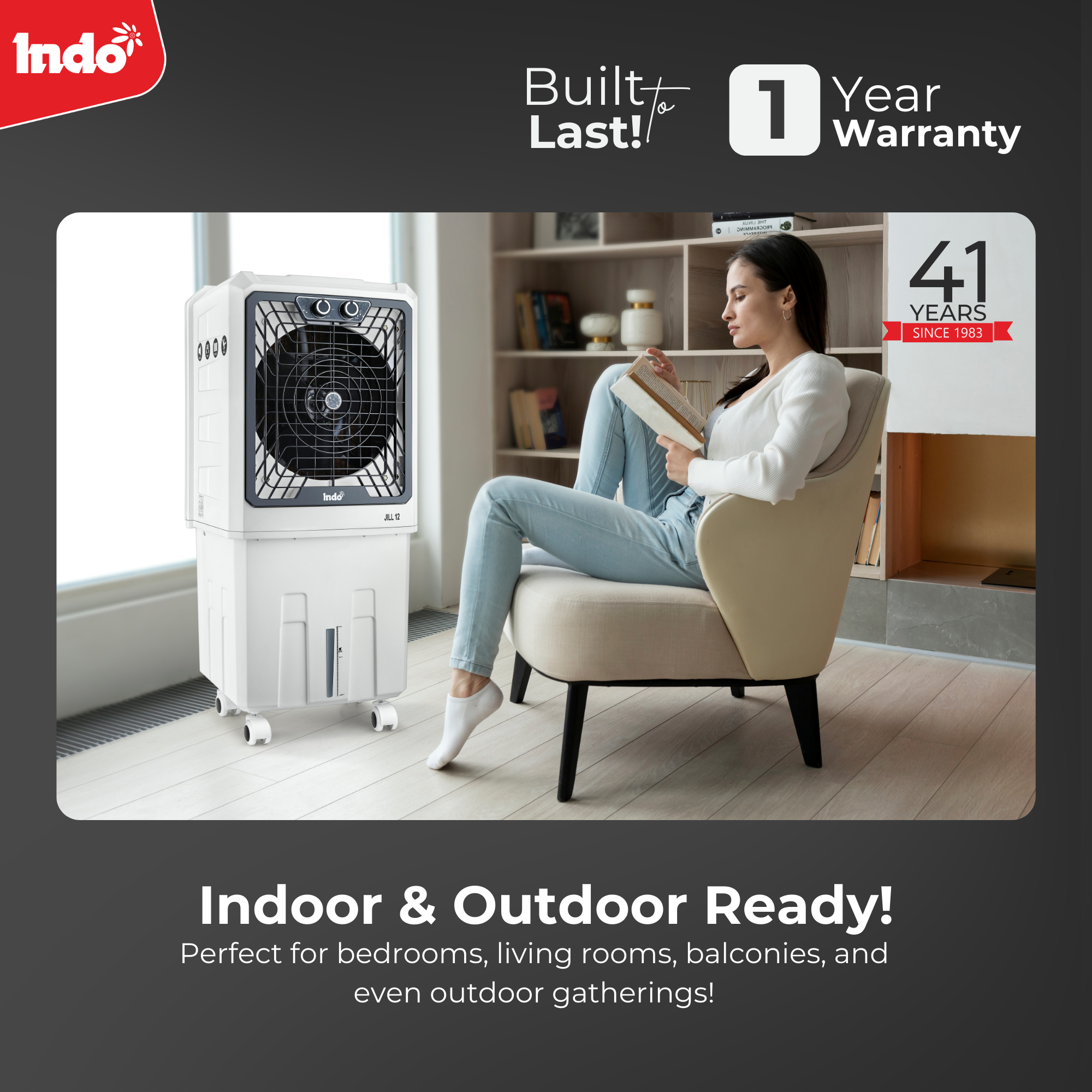 Indo JILL 48L Air Cooler for Room, High-Speed Air Cooler 2250 RPM, Honeycomb Cooling Pads, Energy-Efficient 120W, Inverter-Compatible, Large Water Tank with Water Level Indicator