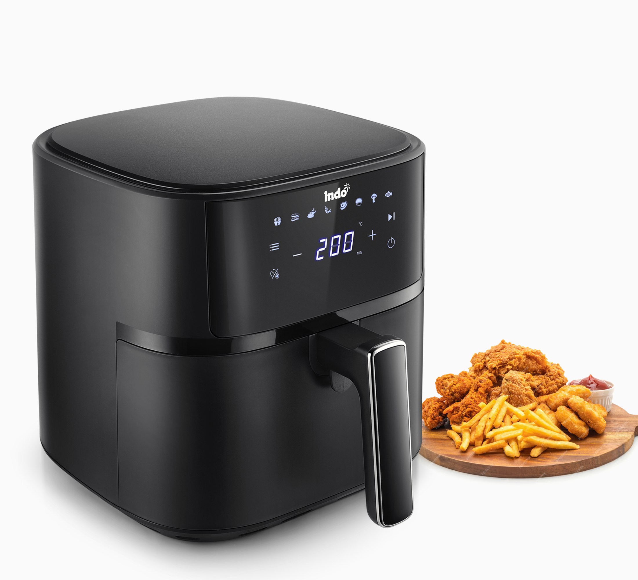 Indo 4 Litre Digital Air Fryer with Touch Panel, uses up to 90% less fat, 8 Pre-set Menu, 360° Air Circulation, 1500 Watts with Rapid Air Technology, Large Air Capacity, 1 Years warranty (Black)