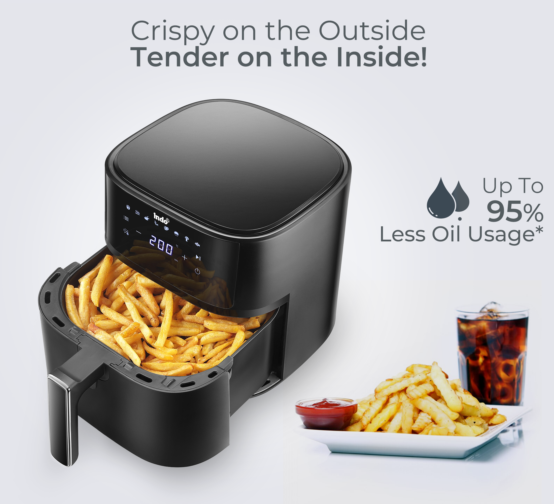 Indo 4 Litre Digital Air Fryer with Touch Panel, uses up to 90% less fat, 8 Pre-set Menu, 360° Air Circulation, 1500 Watts with Rapid Air Technology, Large Air Capacity, 1 Years warranty (Black)