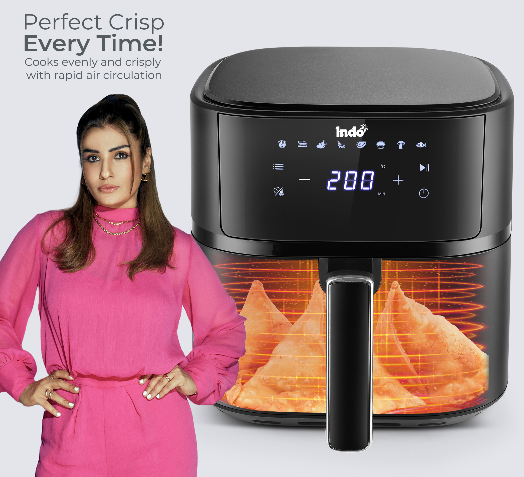 Indo 4 Litre Digital Air Fryer with Touch Panel, uses up to 90% less fat, 8 Pre-set Menu, 360° Air Circulation, 1500 Watts with Rapid Air Technology, Large Air Capacity, 1 Years warranty (Black)
