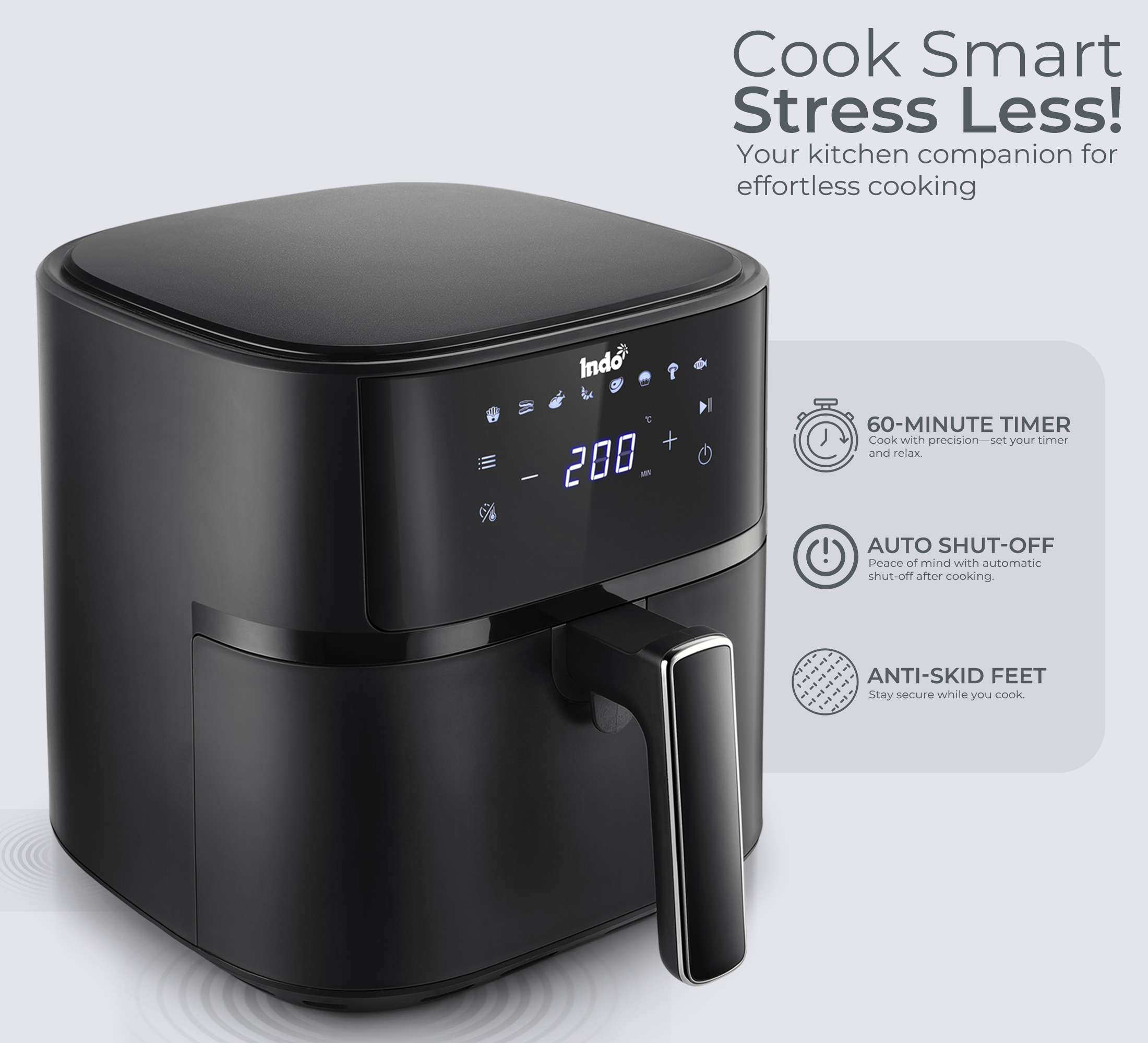 Indo 4 Litre Digital Air Fryer with Touch Panel, uses up to 90% less fat, 8 Pre-set Menu, 360° Air Circulation, 1500 Watts with Rapid Air Technology, Large Air Capacity, 1 Years warranty (Black)