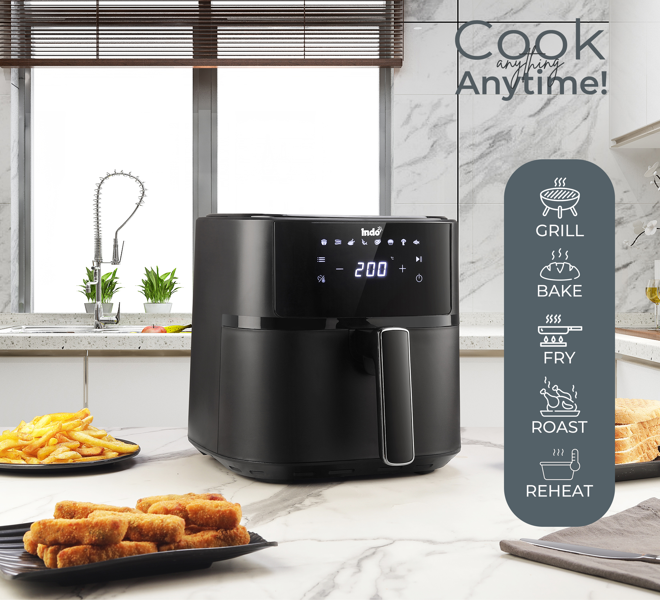 Indo 4 Litre Digital Air Fryer with Touch Panel, uses up to 90% less fat, 8 Pre-set Menu, 360° Air Circulation, 1500 Watts with Rapid Air Technology, Large Air Capacity, 1 Years warranty (Black)