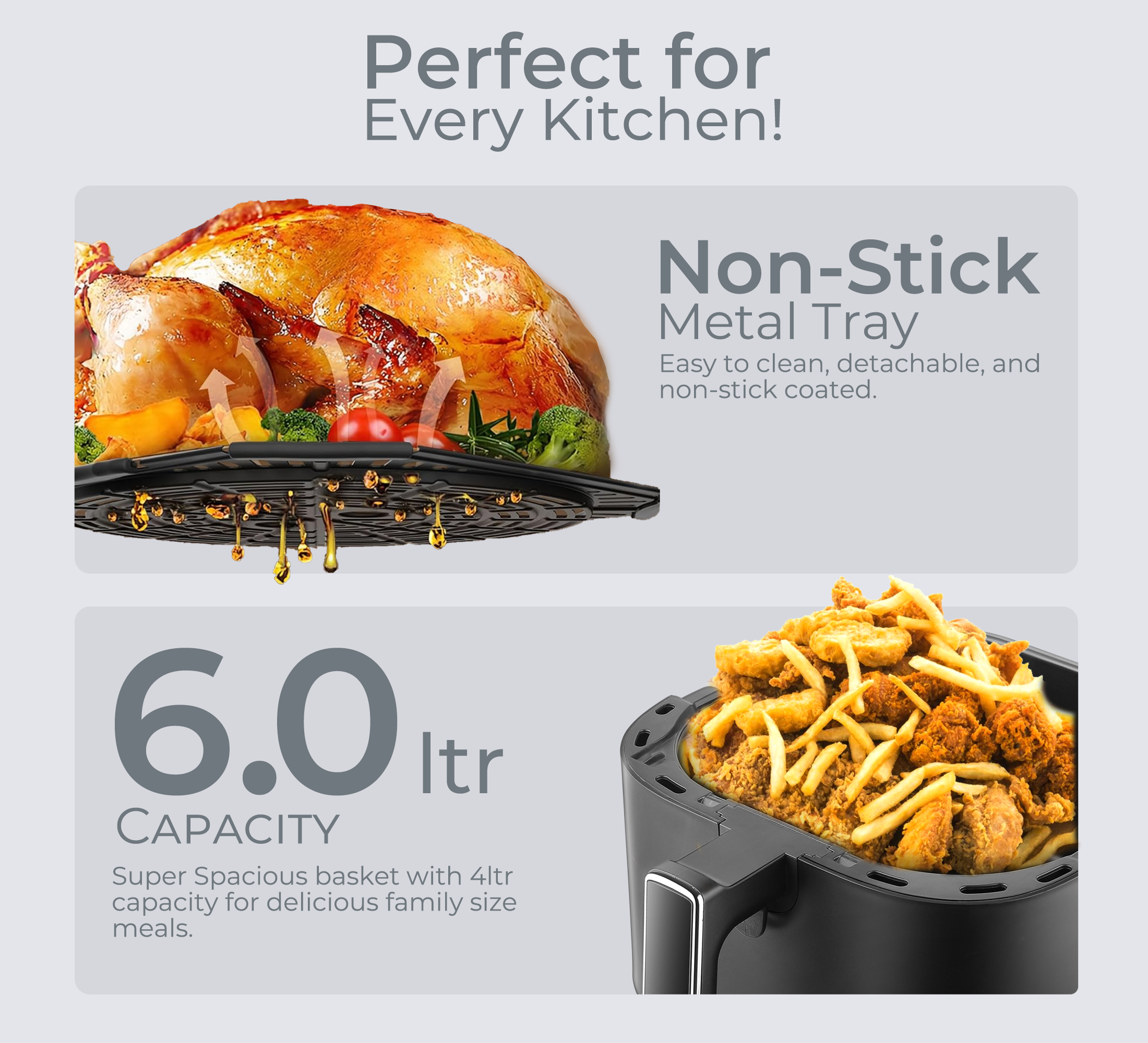 Indo 6 Litre Digital Air Fryer with Touch Panel, uses up to 90% less fat, 7 Pre-set Menu, 360° Air Circulation, 1700 Watts with Rapid Air Technology, 1 Years warranty, Large Capacity (Black)