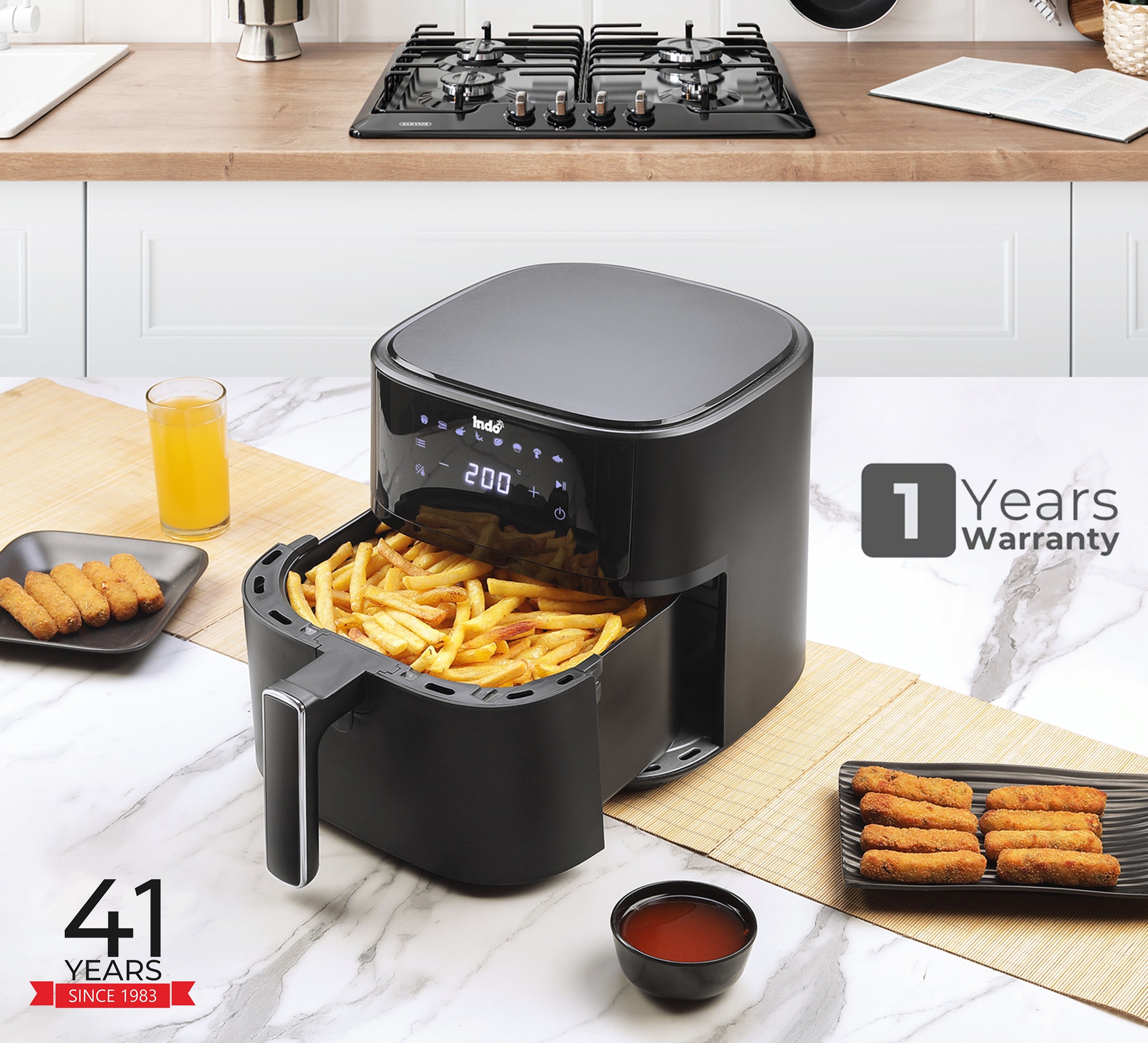 Indo 4 Litre Digital Air Fryer with Touch Panel, uses up to 90% less fat, 8 Pre-set Menu, 360° Air Circulation, 1500 Watts with Rapid Air Technology, Large Air Capacity, 1 Years warranty (Black)