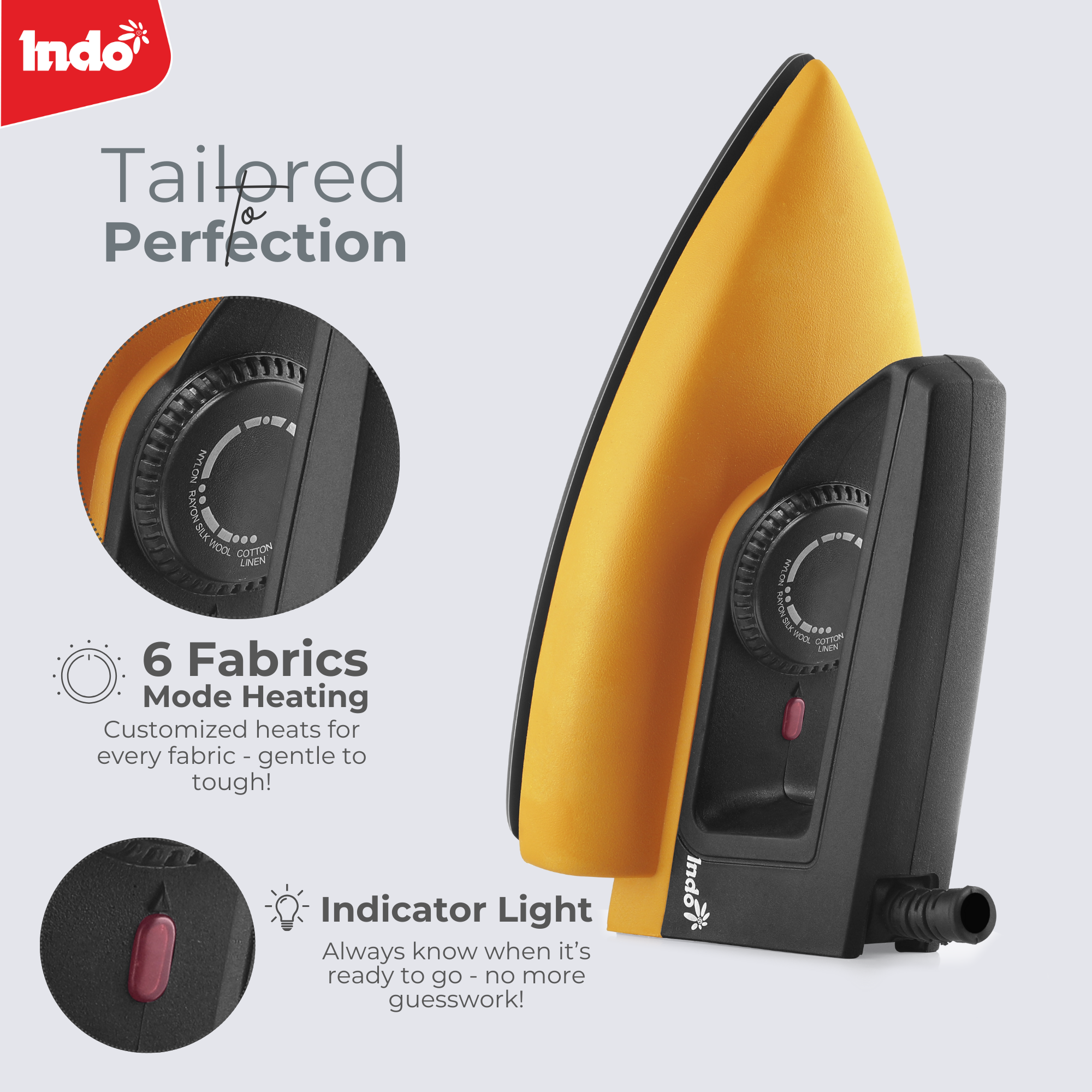 Indo 1000 Watts Dry Iron CRISIP with advance Non-stick PTFE Coated soleplate | Indicator Light | 1.5 Meter Cord | Temperature Control | 180° Swivel cord | 2 years replacement warranty (Yellow)