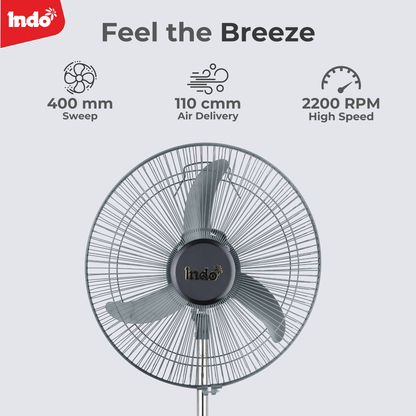 Indo SHINE 400mm High Speed Oscillating pedestal Farrata Fan for Home, Office (Grey)