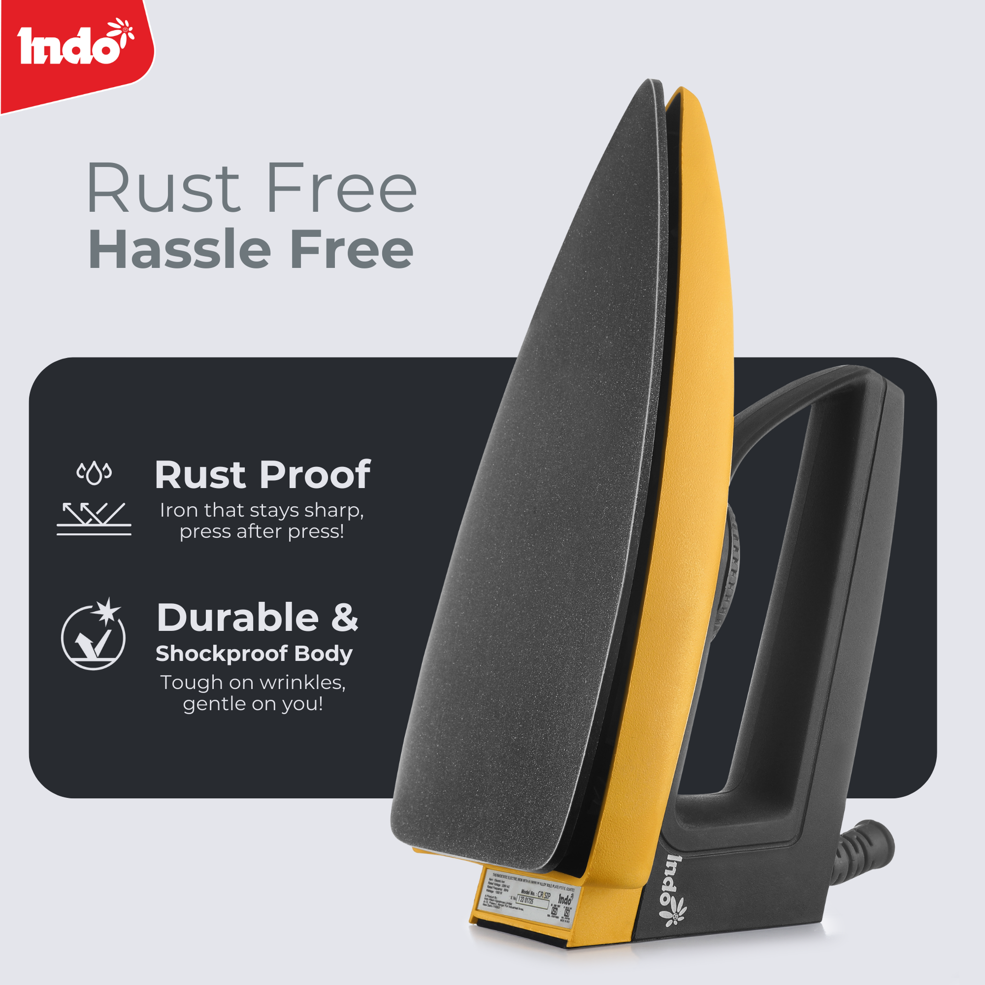 Indo 1000 Watts Dry Iron CRISIP with advance Non-stick PTFE Coated soleplate | Indicator Light | 1.5 Meter Cord | Temperature Control | 180° Swivel cord | 2 years replacement warranty (Yellow)