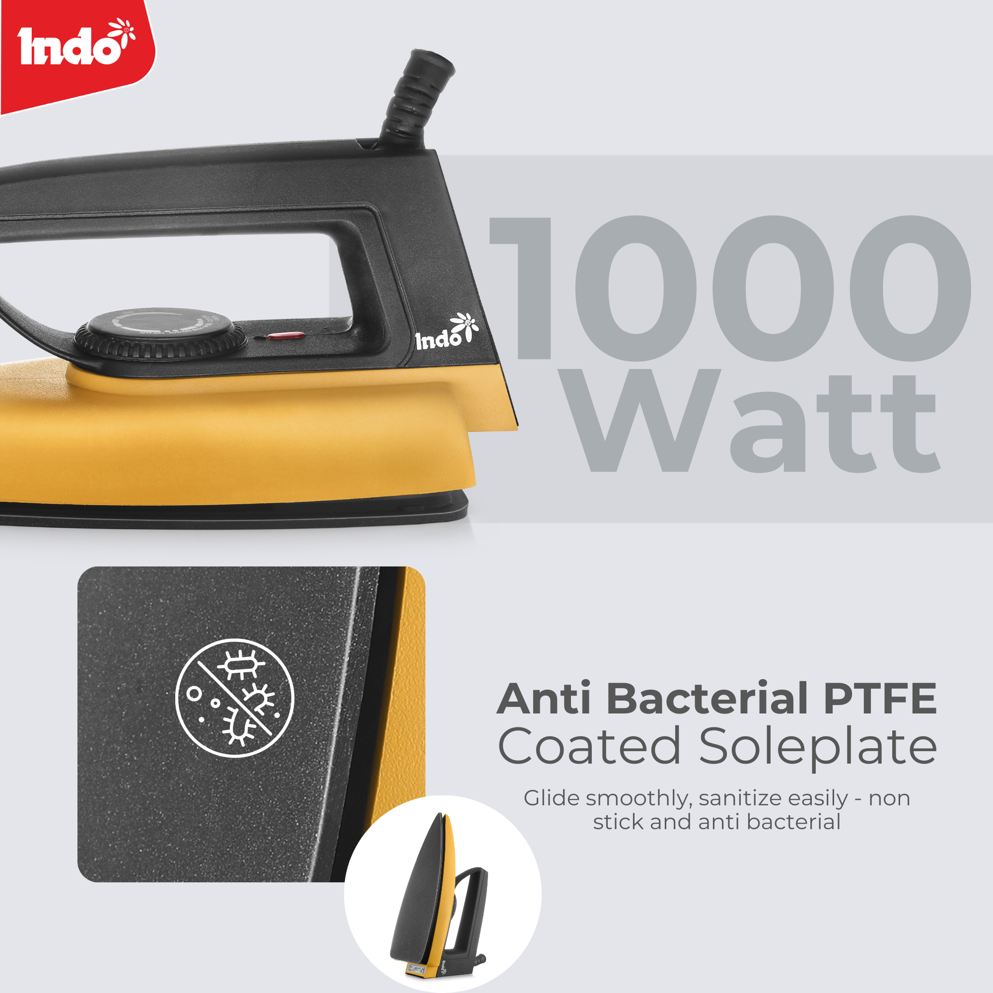 Indo 1000 Watts Dry Iron CRISIP with advance Non-stick PTFE Coated soleplate | Indicator Light | 1.5 Meter Cord | Temperature Control | 180° Swivel cord | 2 years replacement warranty (Yellow)