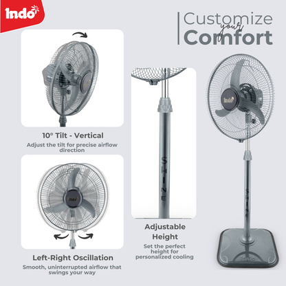 Indo SHINE 400mm High Speed Oscillating pedestal Farrata Fan for Home, Office (Grey)