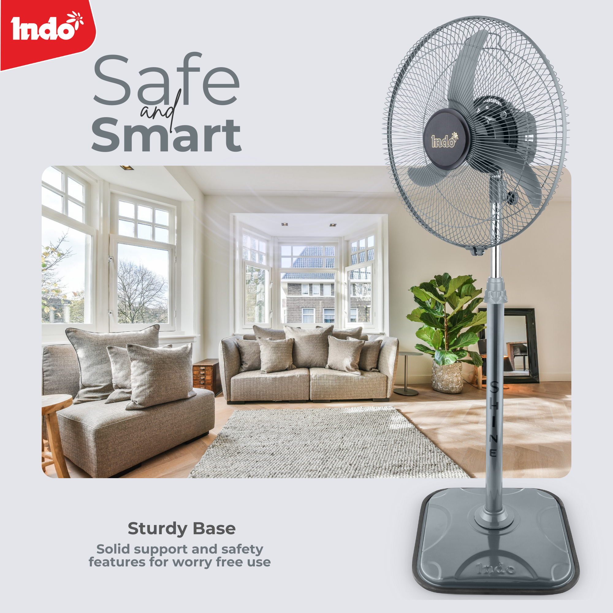 Indo SHINE 400mm High Speed Oscillating pedestal Farrata Fan for Home, Office (Grey)