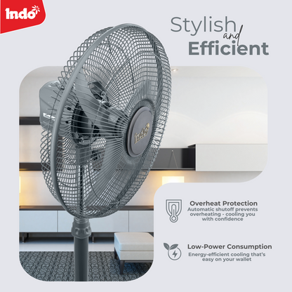 Indo SHINE 400mm High Speed Oscillating pedestal Farrata Fan for Home, Office (Grey)