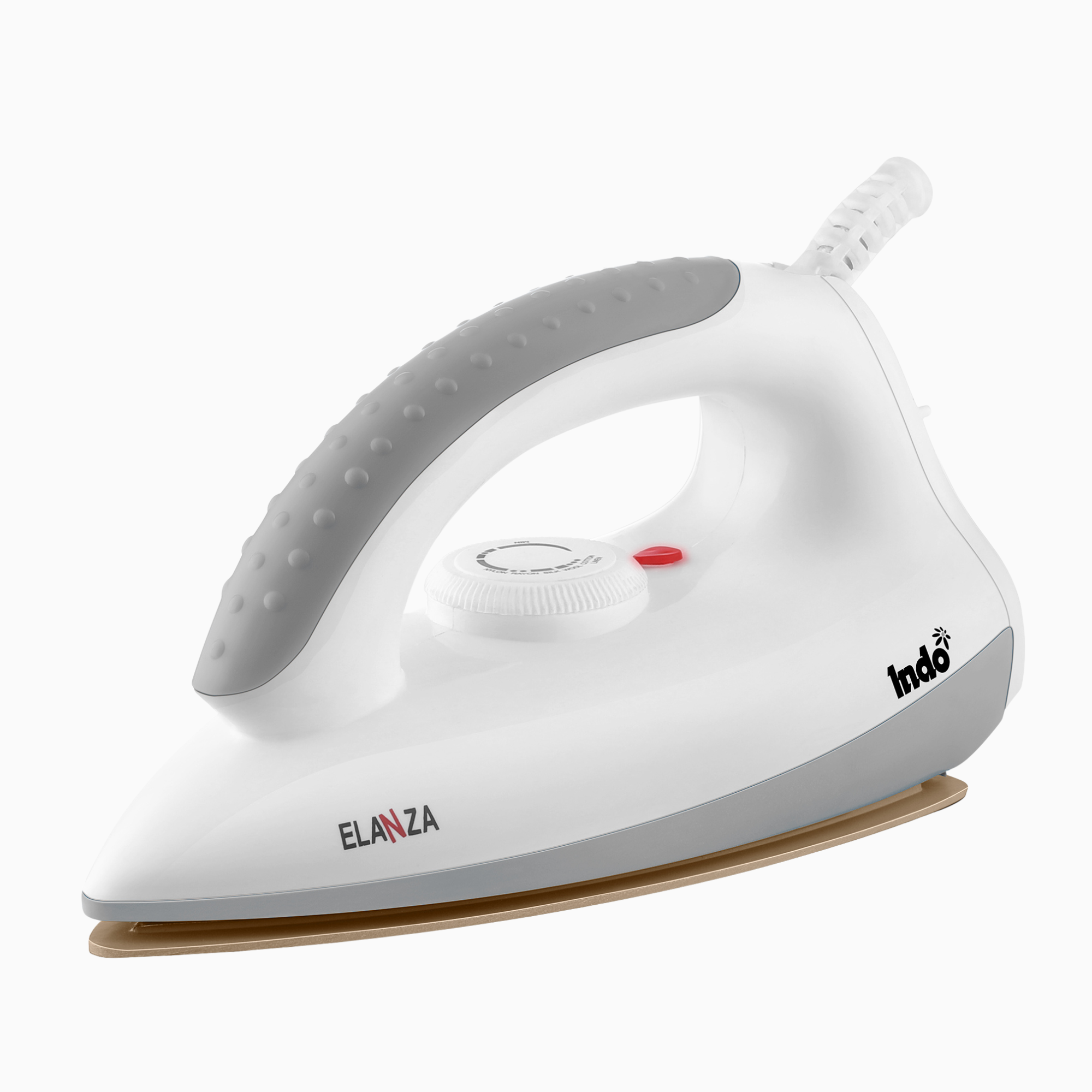 Indo 1000 Watts Dry Iron ELANZA with advance Non-stick PTFE Coated soleplate | Indicator Light | 1.5 Meter Cord | Temperature Control | 180° Swivel cord | 2 years replacement warranty (White & Grey)